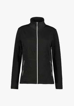 Giacca nera zip-up con un motivo testurizzato sul davanti, lati neri lisci, colletto alto e dettagli in cerniera argentati.