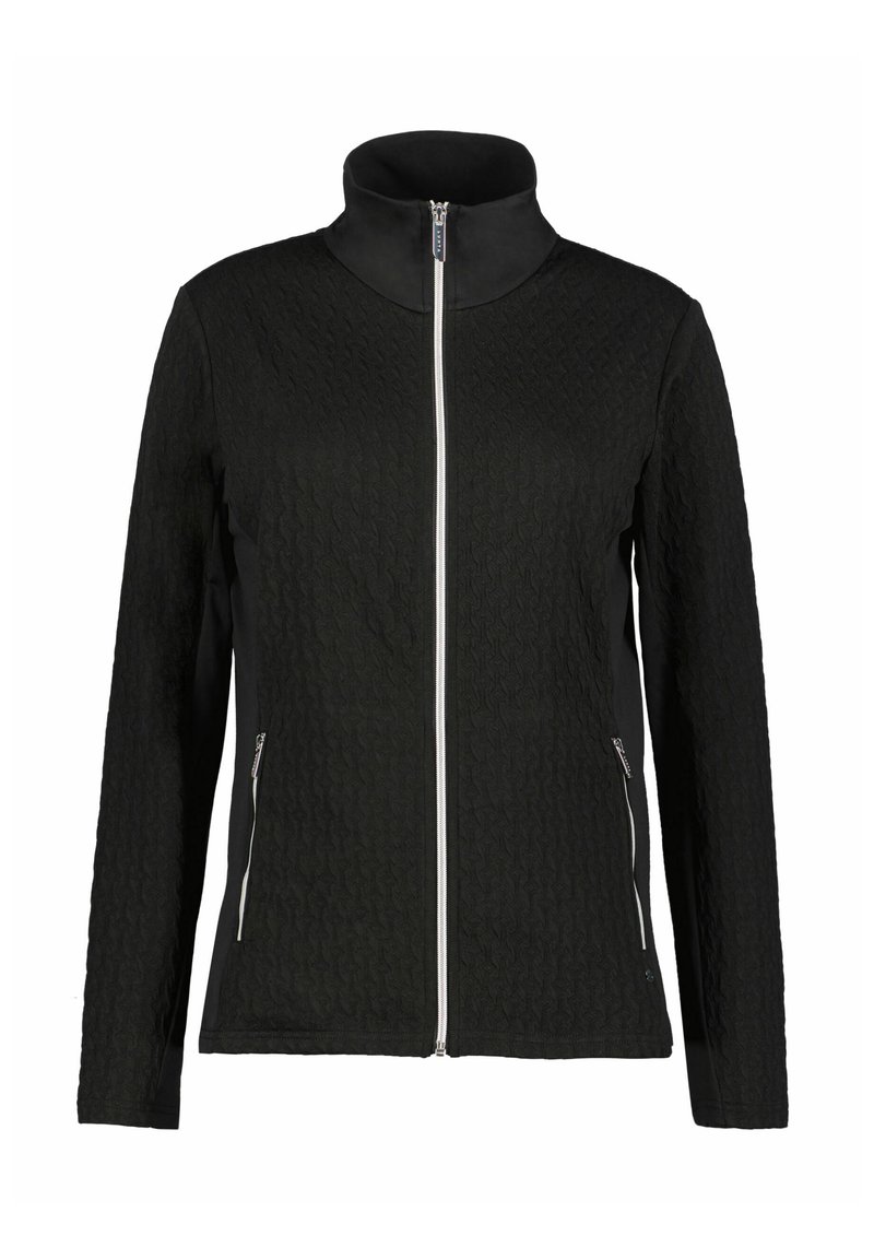 Schwarze Zip-Jacke mit strukturiertem Muster auf der Vorderseite, glatten schwarzen Seiten, hohem Kragen und silbernen Reißverschlusdetails.