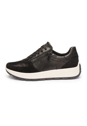 Black leather and suede sneaker with side zipper, black laces, and thick white sole on a white background.