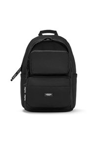 Zaino nero con esterno imbottito, numerose tasche con zip, spallacci regolabili e una maniglia superiore per un facile trasporto. Texture liscia.