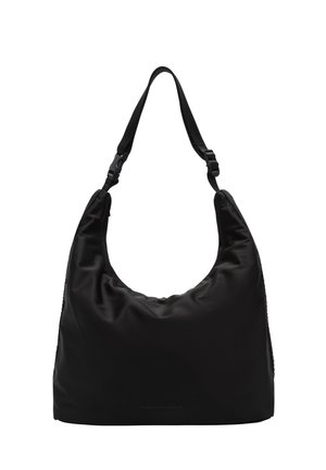 Schwarze weiche Stoff-Schultertasche mit verstellbarem Riemen und gebogenem oberen Rand, dargestellt auf weißem Hintergrund.