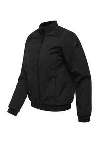 Zwarte bomberjack met ritssluiting, voorzien van een geribbelde kraag, manchetten en zoom, met gevoerde schouderdetails en een ronde logopatch op de linkermouw.