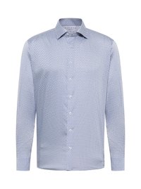 Lichtblauwe langarmshirt met een geometrisch patroon, button-down kraag en verborgen knopen aan de voorkant. Soepele stoftextuur.