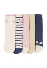 Fünf Paare Kindersocken in Pastellfarben: weiß mit pinkem Text, gestreift in navy und creme, einfarbig pink, gold schimmernd und einfarbig navy mit Hasengesichtern.