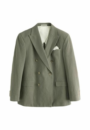 Double-breasted olive green blazer with textured fabric, notch lapels, white inner lining, and white pocket square in left chest pocket.