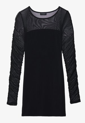 Zwarte top met lange mouwen, een stevige lijfje en doorzichtige, geplooide mouwen van mesh. Zachte textuur, ronde hals en aansluitende silhoutte.