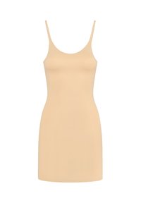 Beige naadloze slipdress met dunne verstelbare schouderbanden en een gladde, aangesloten silhouet.