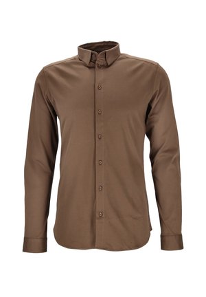 Braunes Langarmhemd aus glattem Stoff mit Button-Down-Kragen, durchgehender Knopfleiste und geknöpften Manschetten.