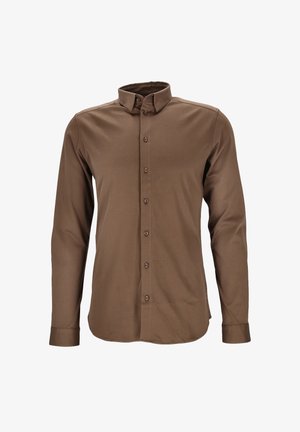 Braunes Langarmhemd aus glattem Stoff mit Button-Down-Kragen, durchgehender Knopfleiste und geknöpften Manschetten.
