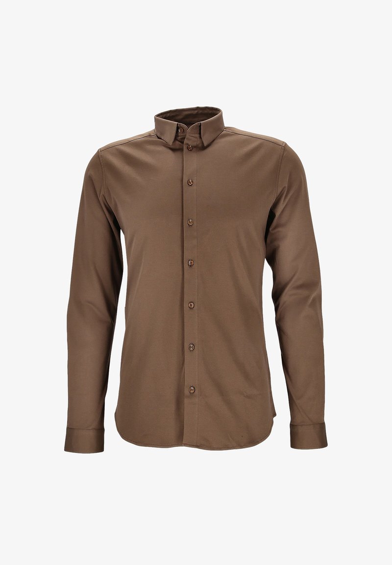 Braunes Langarmhemd aus glattem Stoff mit Button-Down-Kragen, durchgehender Knopfleiste und geknöpften Manschetten.