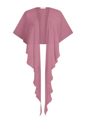 Mauve open-front shrug with short sleeves and long, flowing, ruffled front panels extending downward.