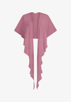 Mauve open-front shrug with short sleeves and long, flowing, ruffled front panels extending downward.