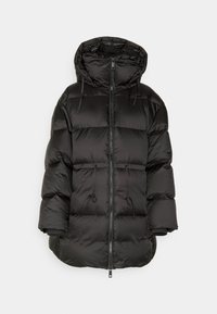 Čierna puffa bunda so zipsom, kapucňou na šnúrku a elastickými manžetami. Obsahuje prešívané panely na izoláciu a hladkú textúru.