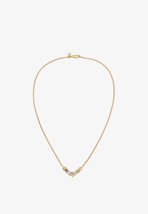 Guld kæd necklace med et V-formet design, der har multikolor sten og blomstermotiver for ekstra detaljer.