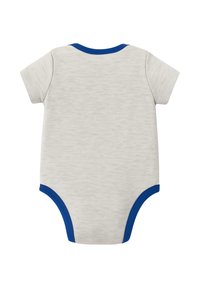 Body neonato a maniche corte grigio chiaro con collo e aperture per le gambe blu. Tessuto morbido con retro semplice e chiusura a snap nella parte inferiore.