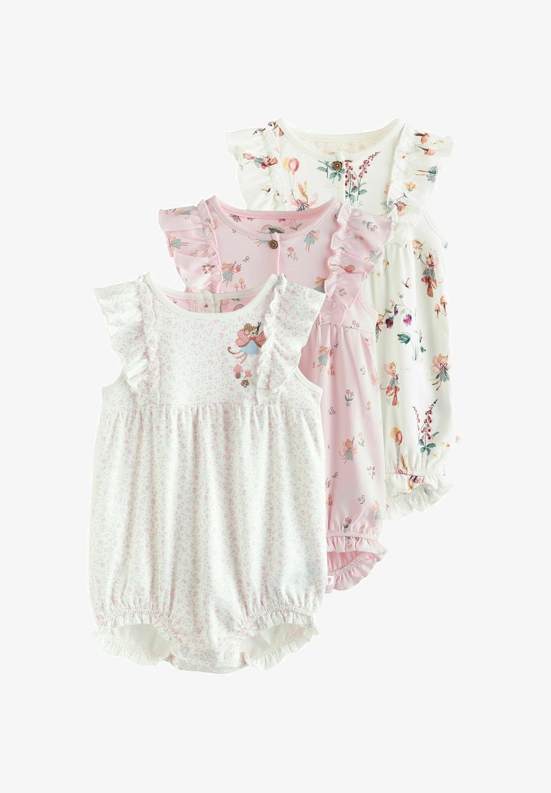 Tre tutine smanicati per neonati con dettagli arruffati sulle spalle, motivi floreali e fatati in bianco, rosa e crema, sovrapposte.