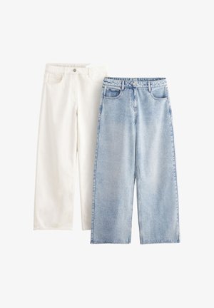 Balti kokvilnas platās bikses un gaisā zili džinsa platās bikses, abas ar augstu vidukli un četriem kabatām.