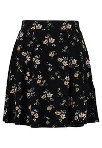Jupe noire au design évasé, ornée d'un motif floral en blanc et jaune. Confectionnée en tissu léger, offrant une texture douce.