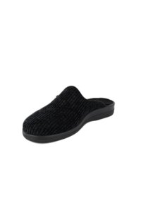 Schwarzer gestrickter Slipper mit strukturiertem Obermaterial, geschwungener Silhouette und flexiblem Gummisohlen, die für den Innenbereich geeignet ist.
