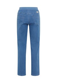 Jean en denim bleu avec une coupe droite, une taille élastique et deux poches arrière. Le tissu est doux avec une texture lisse.