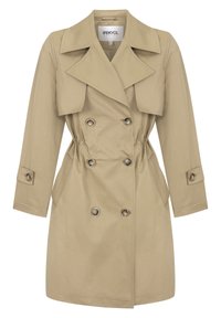 Trench-coat beige à double boutonnage avec de larges revers, ceinture boutonnée à la taille, poches à rabat et poignets boutonnés.