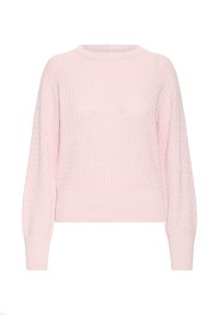 Pull en maille rose avec texture côtelée, encolure ronde et manches longues. Présente une coupe courte et un matériau doux et léger.