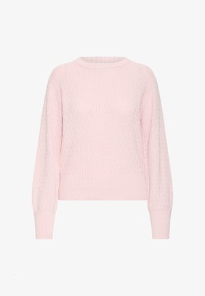 Pull en maille rose avec texture côtelée, encolure ronde et manches longues. Présente une coupe courte et un matériau doux et léger.