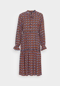 Vestido de manga larga con cuello alto, hecho de una tela ligera. Presenta un patrón floral colorido en naranja, púrpura y blanco sobre un fondo oscuro.