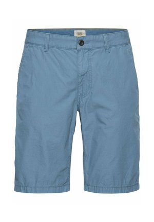Helle blaue Shorts aus leichtem Material mit Knopfverschluss, Fronttaschen und einer glatten, leicht strukturierten Oberfläche.