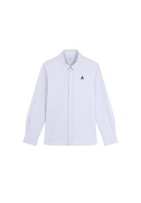 Camisa de manga larga a rayas celestes con cuello button-down, con un pequeño emblema de calavera negra en el pecho y puños abotonados.