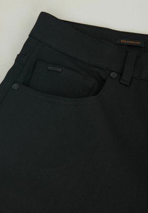 Black straight-fit pants made of woven fabric, featuring a small extra pocket, two side pockets, and a button closure.