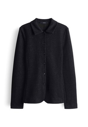 Veste noire à boutonner avec un col, manches longues et un tissu texturé parsemé de subtils scintillements.