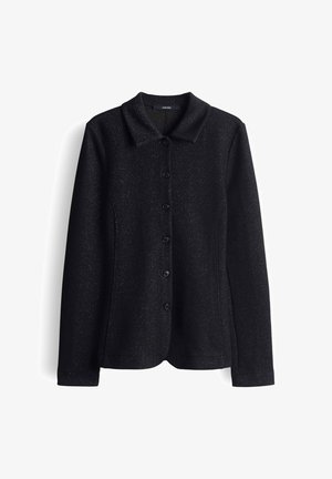 Schwarze Button-Up-Jacke mit Kragen, langen Ärmeln und einem strukturierten Stoff, der dezent glitzert.