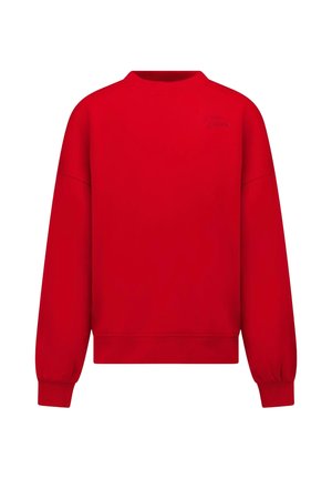 Rood sweatshirt met lange mouwen en een ronde hals, geribde boorden en zoom, met subtiele tonale borduring op de bovenste linkerborst.