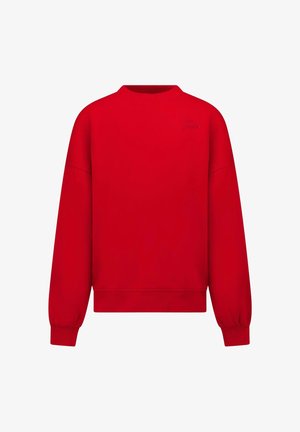 Rood sweatshirt met lange mouwen en een ronde hals, geribde boorden en zoom, met subtiele tonale borduring op de bovenste linkerborst.