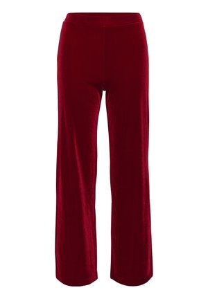 Velvet, wide-leg pants in deep red. Features an elastic waistband and smooth texture with no visible hardware or patterns.