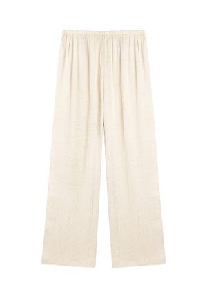 Pantaloni color crema a gamba larga con vita elasticizzata e delicato motivo floreale impresso, stesi su sfondo bianco.