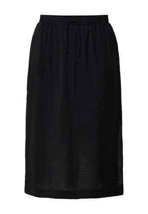 Jupe noire en tissu léger et froissé. Dotée d'une taille élastique avec cordon de serrage et d'une silhouette droite.