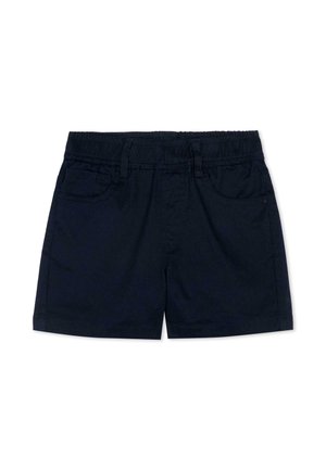 Pantaloncini blu navy con vita elasticizzata, tasche frontali e passanti per cintura, progettati per l'uso casual.