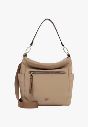 Beige shoulder bag with front zipper pocket, tan adjustable strap, and short handle with silver clasps, branded with small embossed logo.