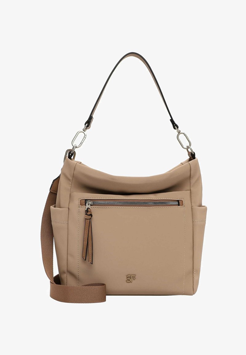 Borsa a tracolla beige con tasca frontale con cerniera, tracolla regolabile color cuoio e manico corto con fibbie argentate, con piccolo logo in rilievo.