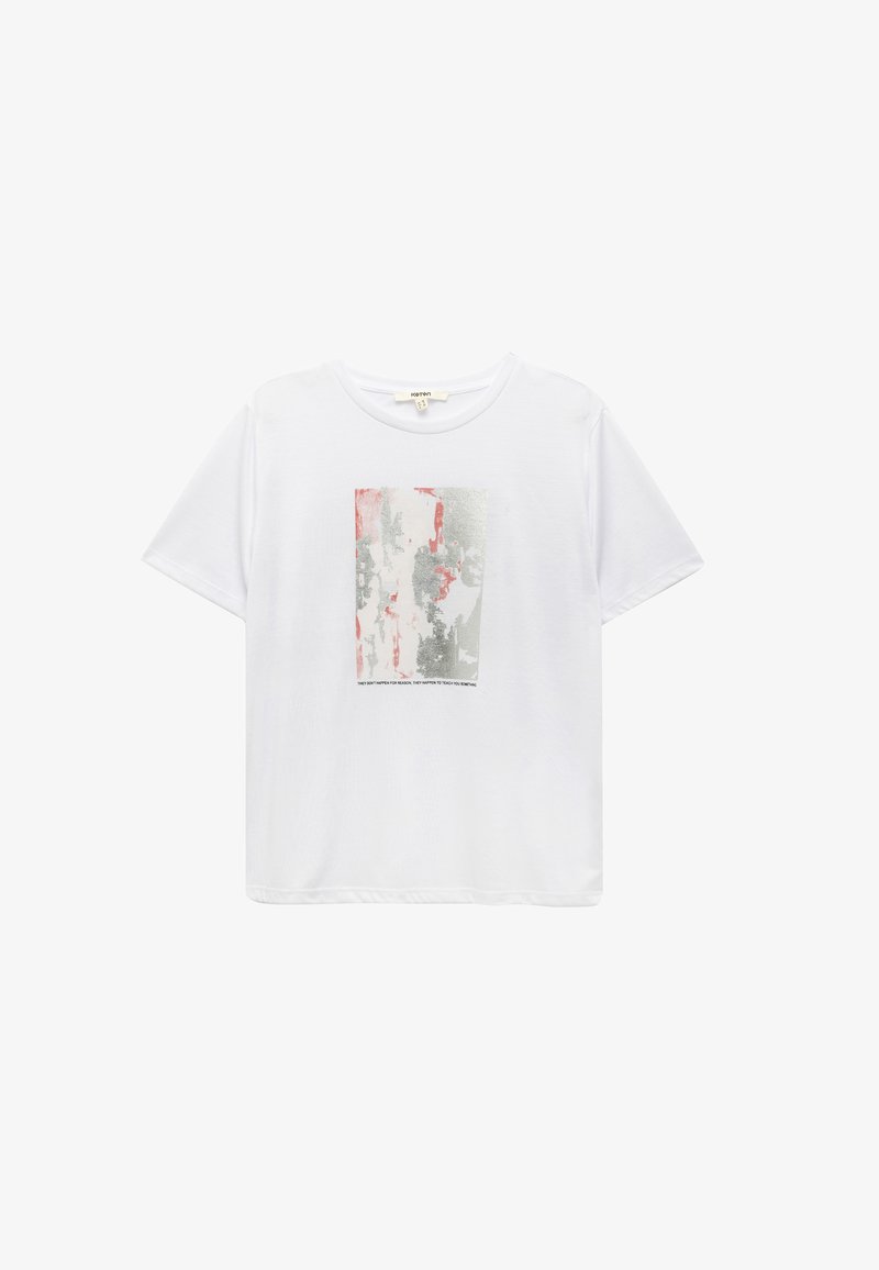 White short-sleeved t-shirt featuring a rectangular graphic with red, silver, and gray accents. Text printed at the bottom of the graphic.