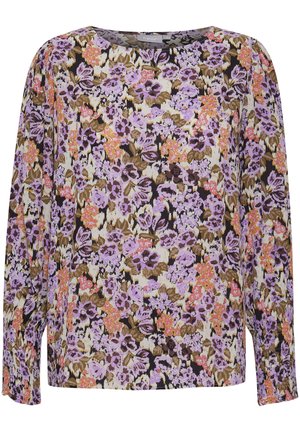 Top a maniche lunghe floreale in viola, rosa e marrone su uno sfondo crema; presenta un collo rotondo e una vestibilità ampia con dettagli arricciati.