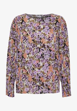 Top a maniche lunghe floreale in viola, rosa e marrone su uno sfondo crema; presenta un collo rotondo e una vestibilità ampia con dettagli arricciati.