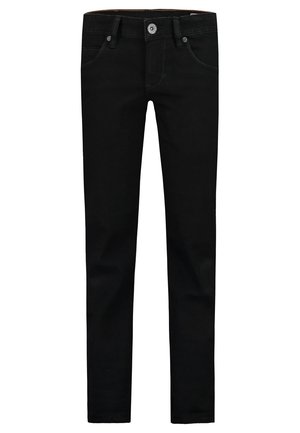 Sorte slim-fit jeans med frontknap og lynlås, bæltestropper og klassisk fem-lomme design.