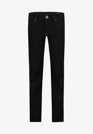 Sorte slim-fit jeans med frontknap og lynlås, bæltestropper og klassisk fem-lomme design.