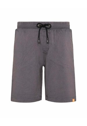 Pantaloncini casual grigio scuro con coulisse nera in vita e una piccola etichetta arancione sull'orlo inferiore sinistro.