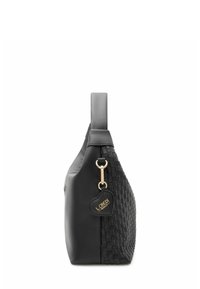 Sac bandoulière noir avec une texture lisse d'un côté et un motif tissé de l'autre. Doté d'un accent en métal doré et d'une étiquette en forme de cœur.