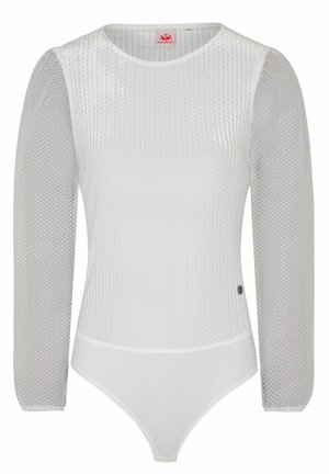 White long-sleeve bodysuit with a textured pattern on the torso and mesh sleeves. Features a snap closure and a logo accent on the side.