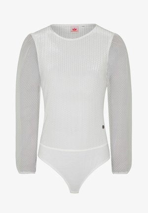 Wit lange mouwen bodysuit met een geprofileerd patroon op de romp en mesh mouwen. Voorzien van een drukknoopsluiting en een logo-accent aan de zijkant.
